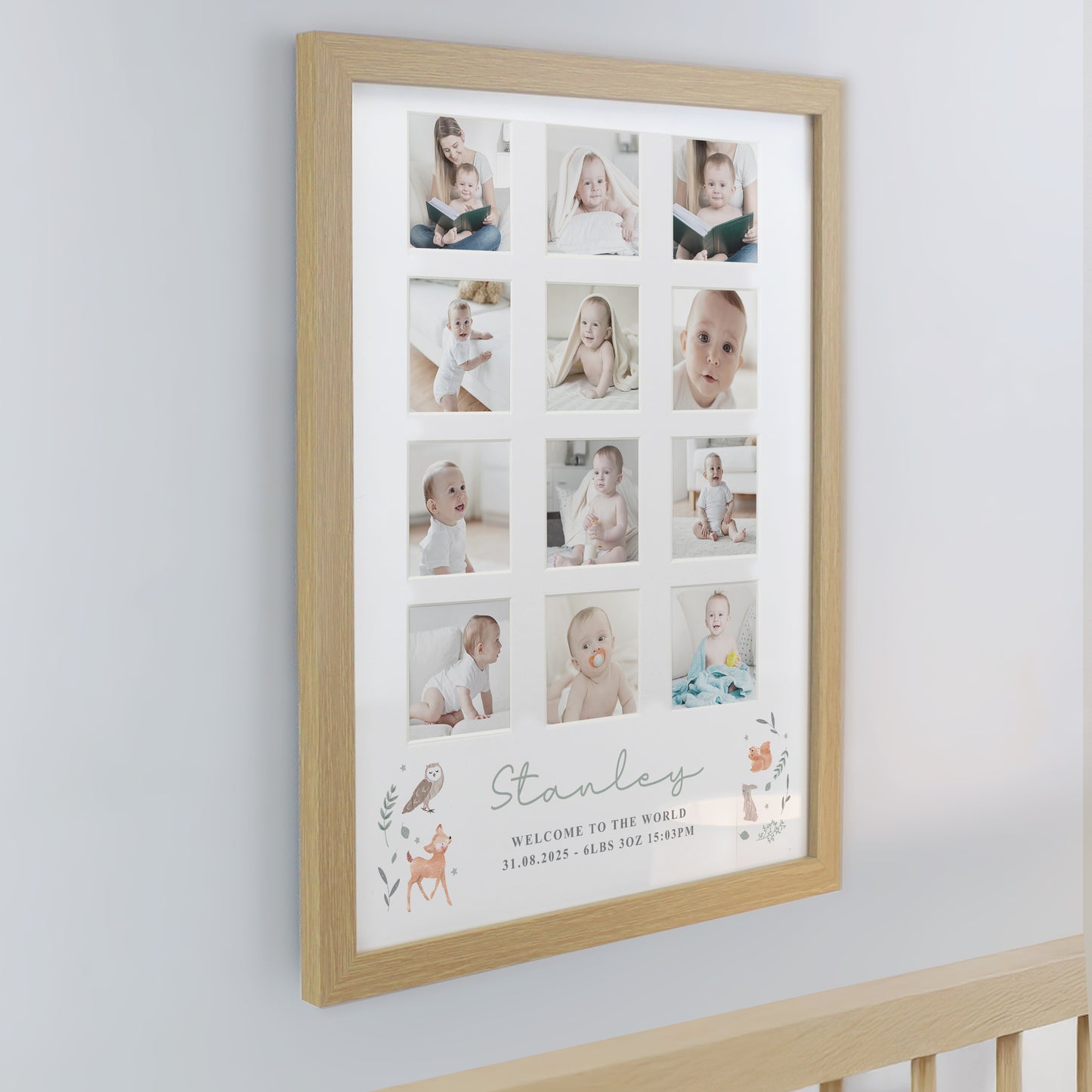 Personalised Woodland Animal Oak Multi Photo Frame