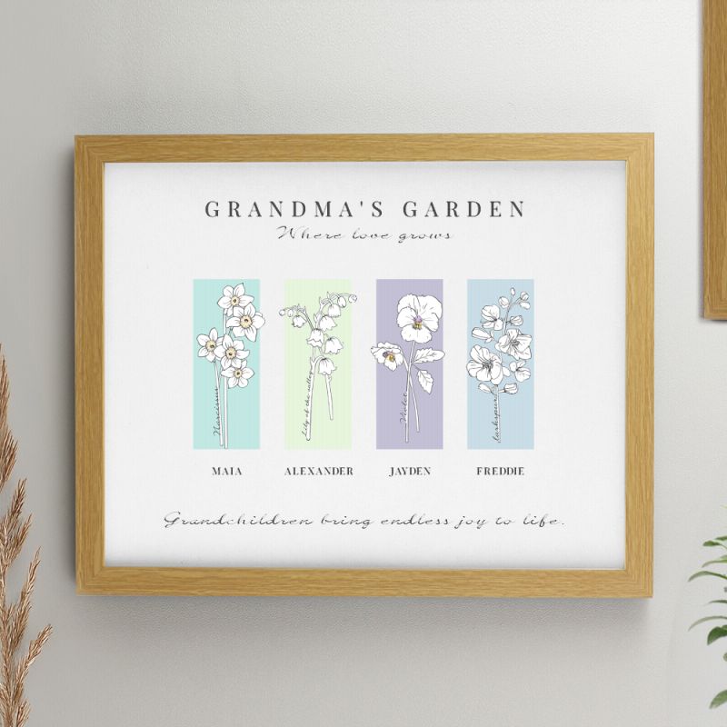 Personalised Birth Flower Family of 4 Oak Framed Print