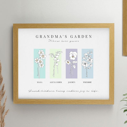 Personalised Birth Flower Family of 4 Oak Framed Print