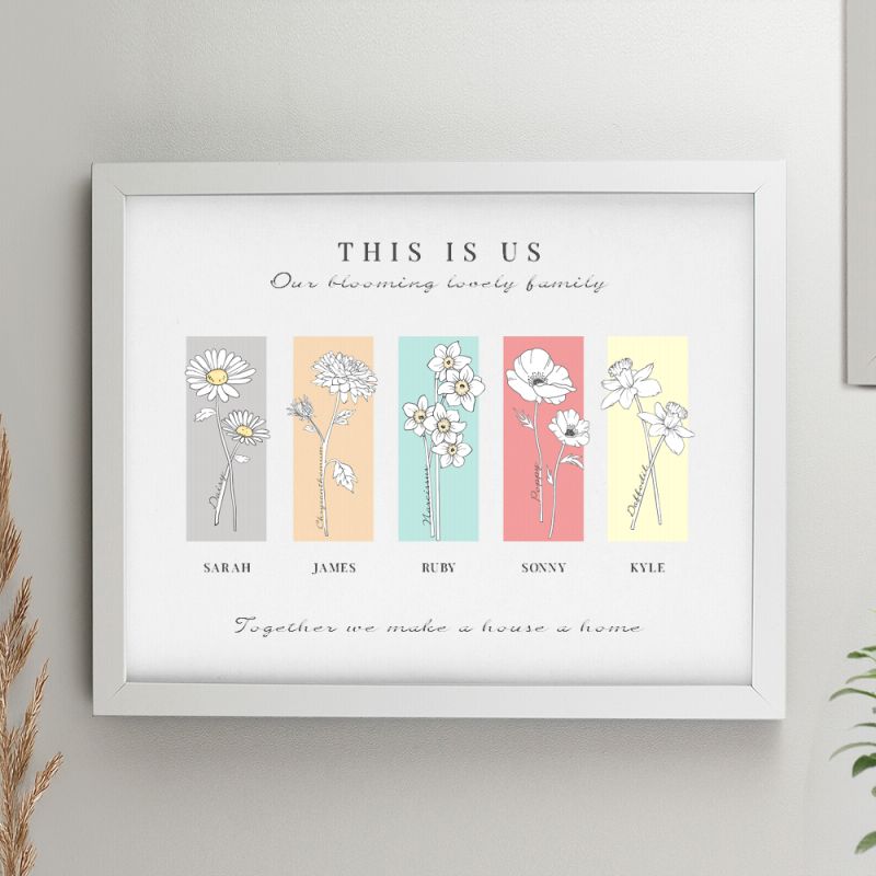 Personalised Birth Flower Family of 5 White Framed Print