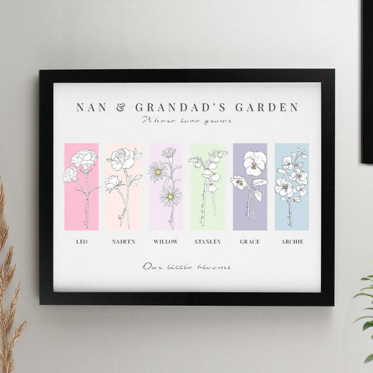 Personalised Birth Flower Family of 6 Black Framed Print