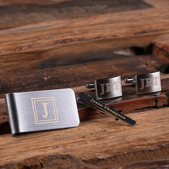 Personalised Cufflinks, Tie Clip & Money Clip In Presentation Box