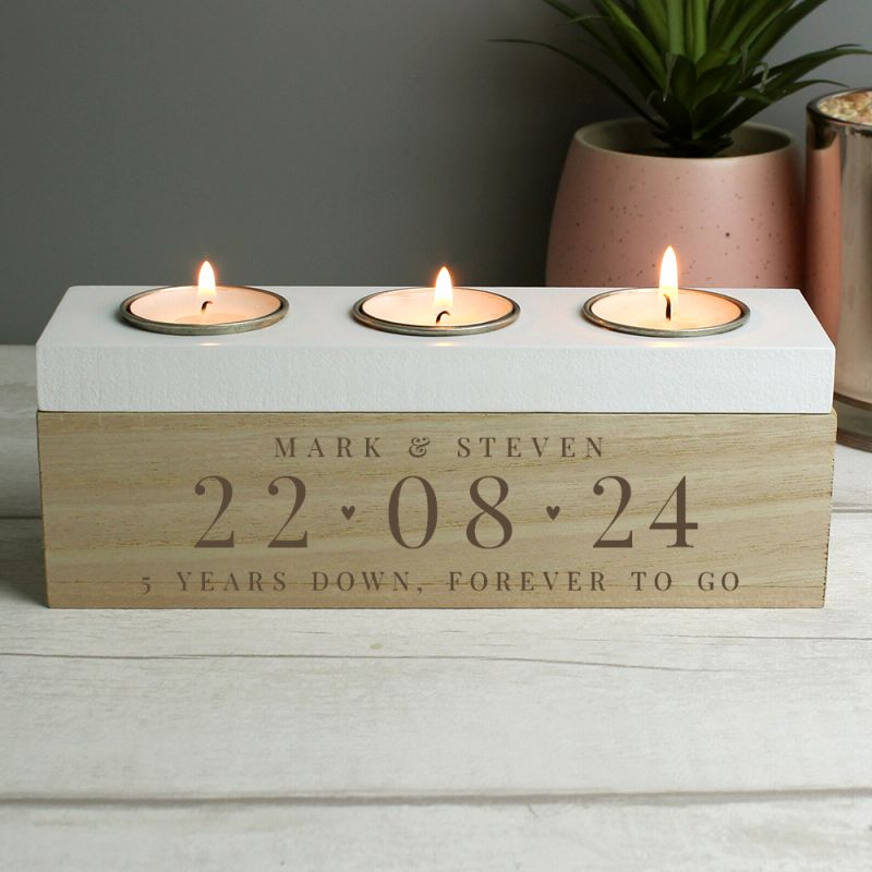 Personalised Anniversary Date Wooden Triple Tea Light Holder