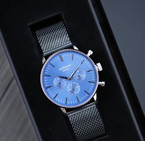 Engraved Men's Architect Motivator In Blue With Black Mesh Strap