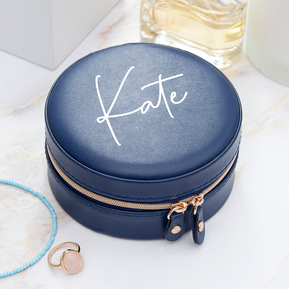 Personalised Round Blue Jewellery Case