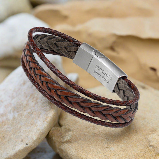 Personalised Men's Woven Layered Brown Leather Bracelet