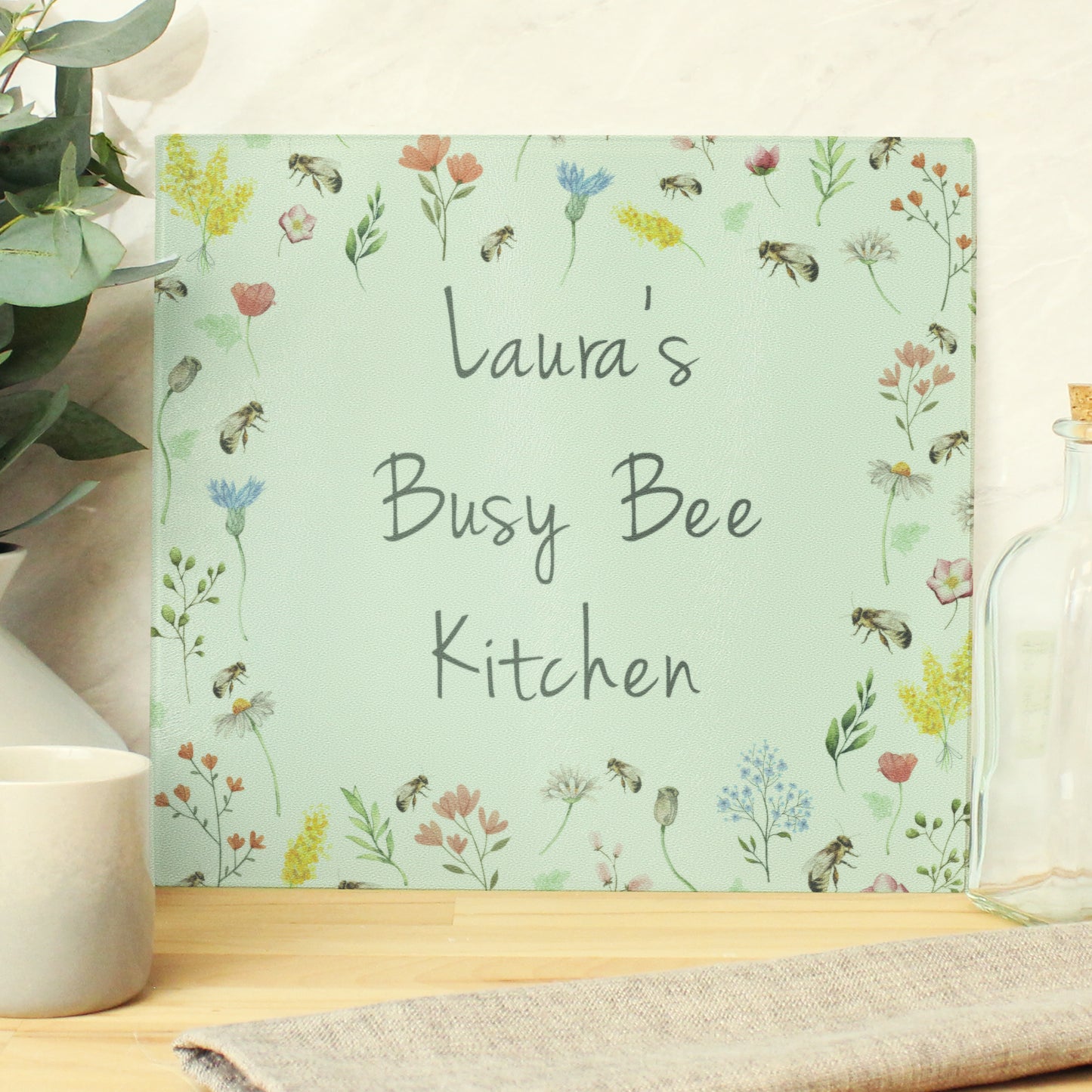 Personalised Bee & Wildflower Design Glass Chopping Board/Worktop Saver