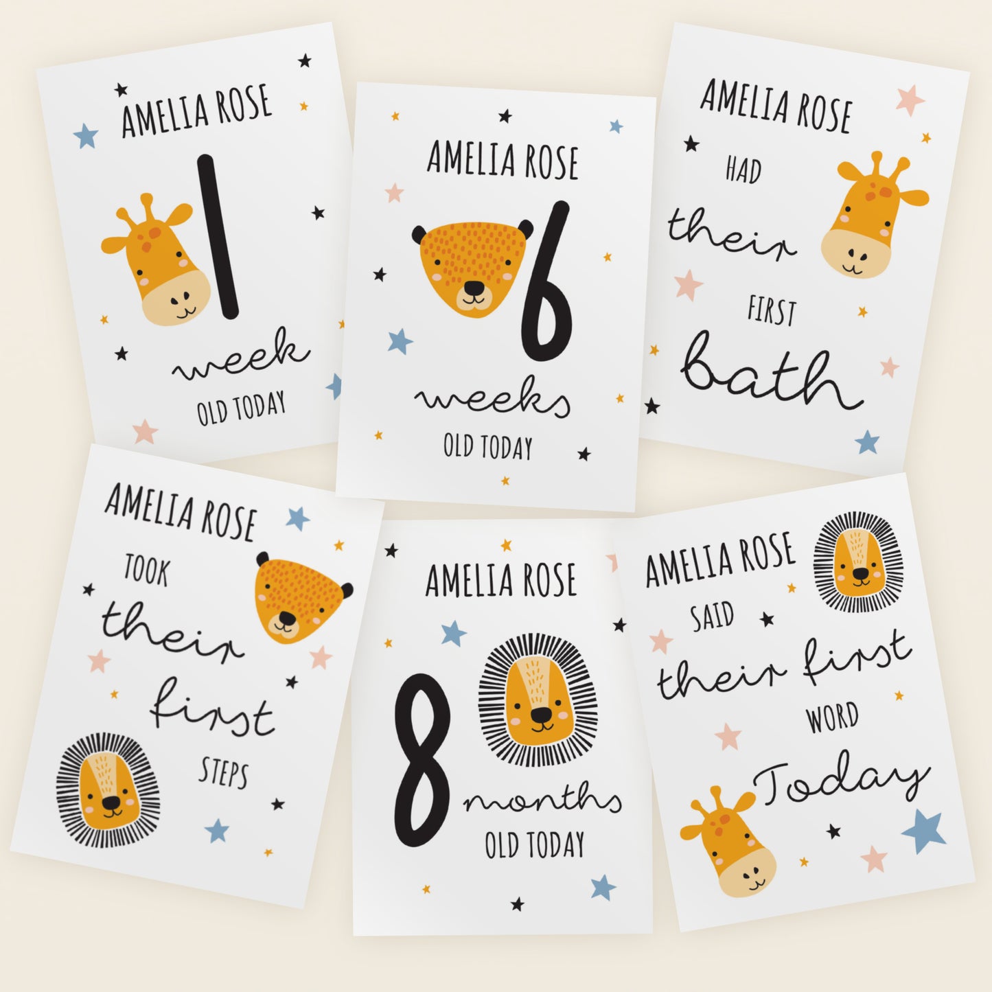 Personalised Animal Design Baby Milestone Moments Cards