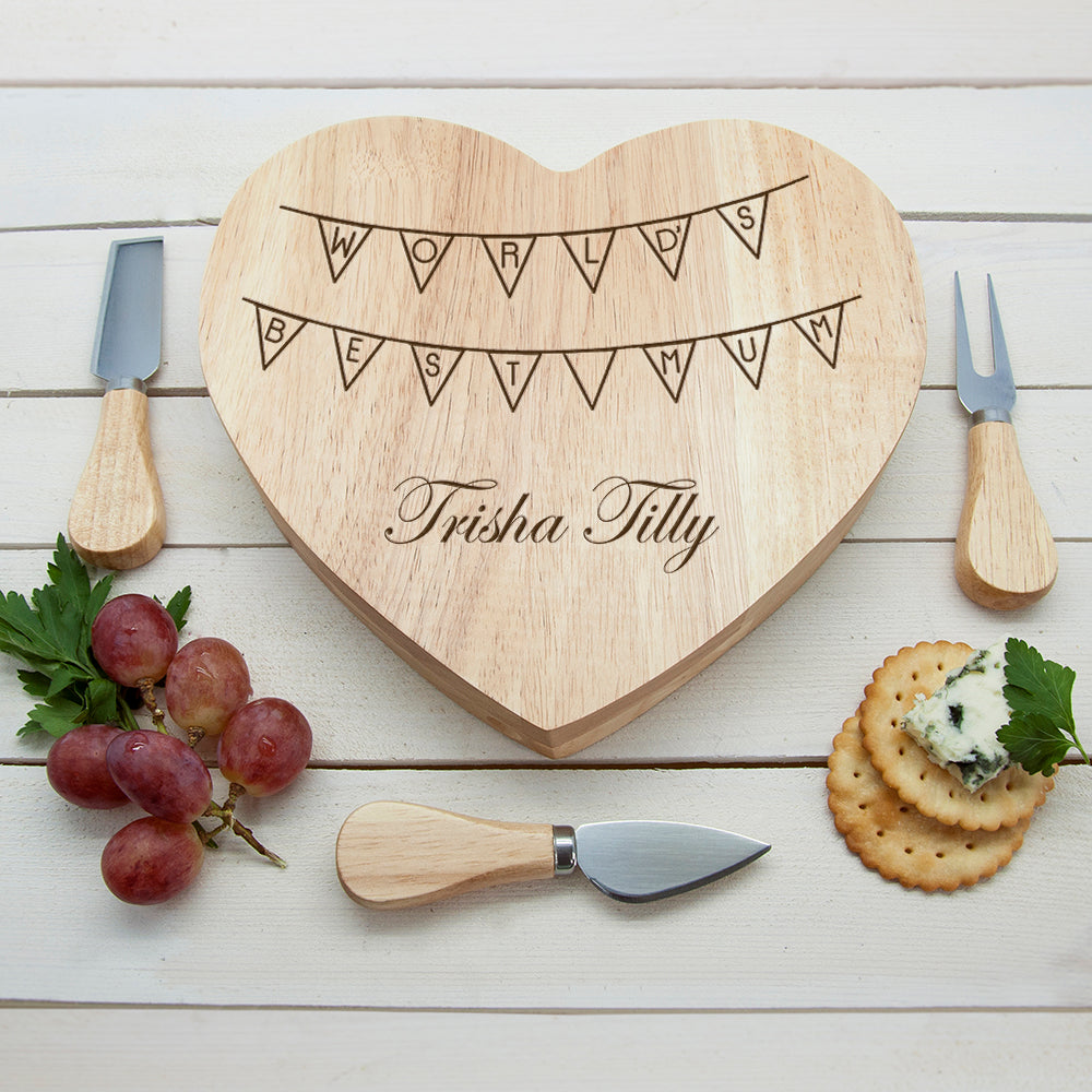 Personalised World's Best Mum Bunting Cheese Board & Cheese Knives Set