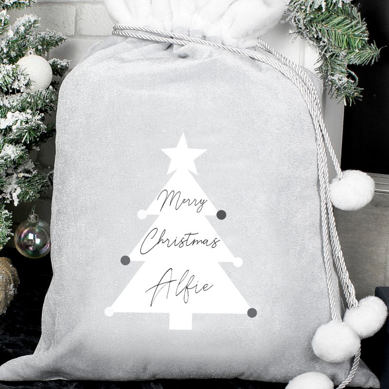 Personalised Christmas Tree Design Luxury Silver Grey Pom Pom Gift Sack