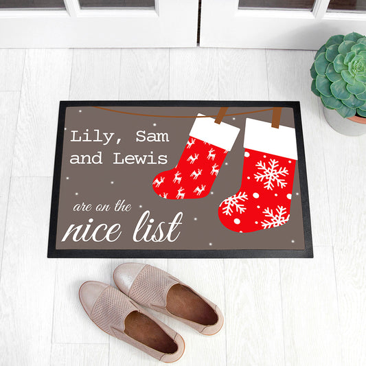 Personalised On The Nice List Christmas Doormat