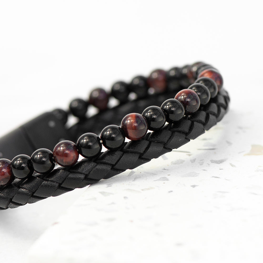 Personalised Men's Tigers Eye Bead & Leather Bracelet