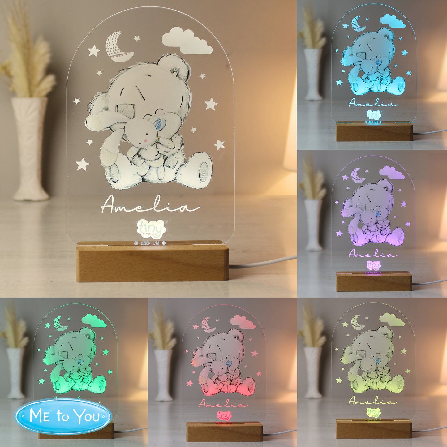 Personalised Tiny Tatty Teddy Wooden Based LED Night Light