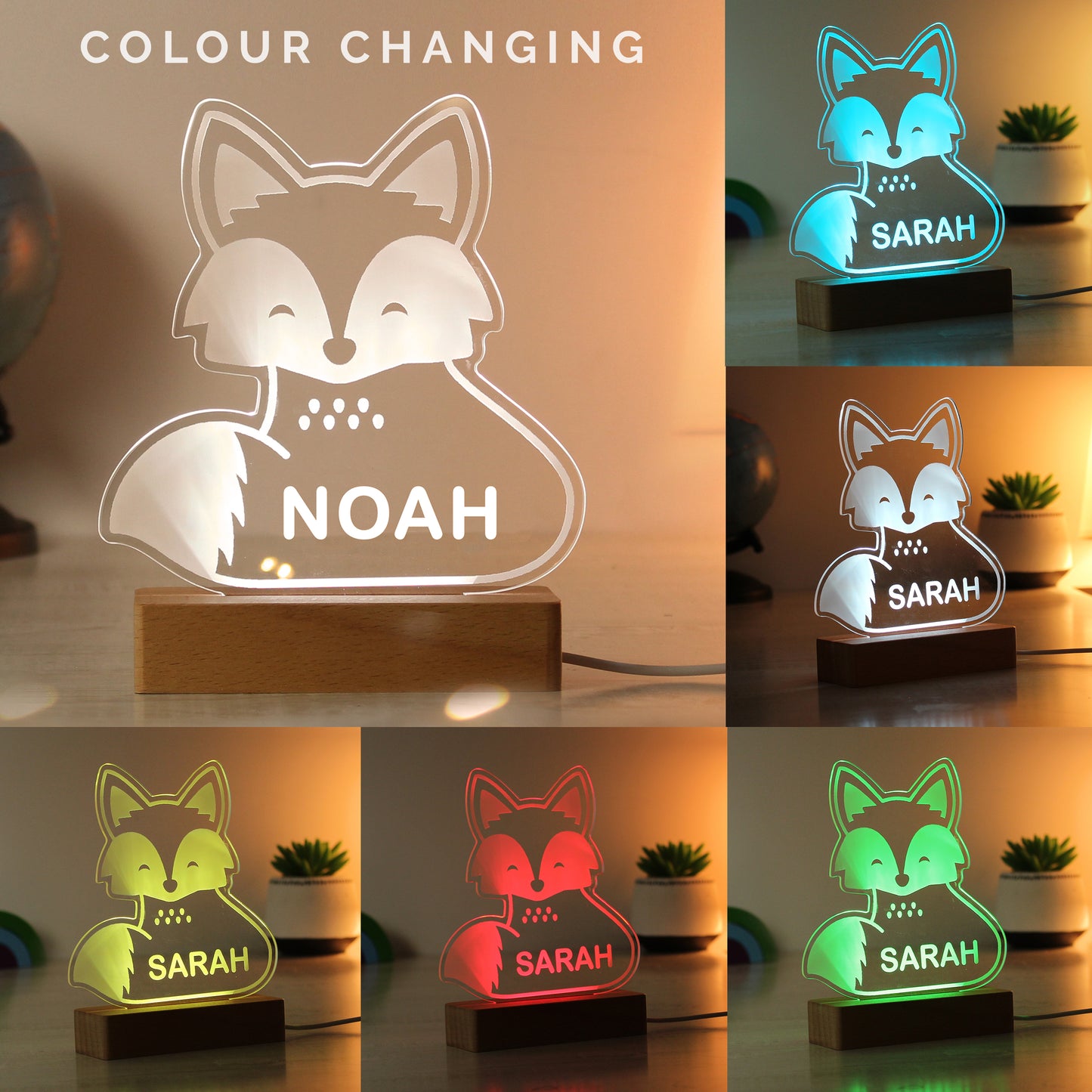 Personalised Fox Wooden Based LED Night Light