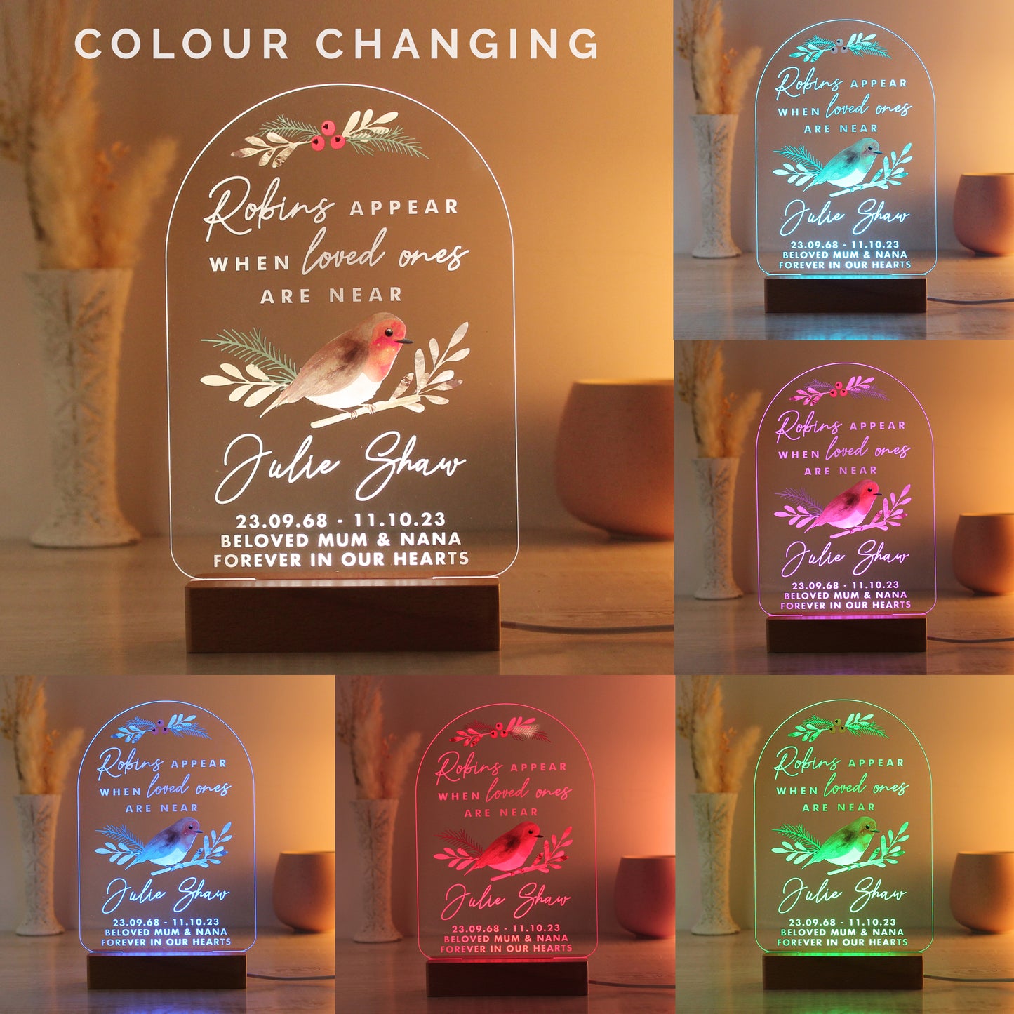 Personalised Robins Appear Wooden Based LED Light