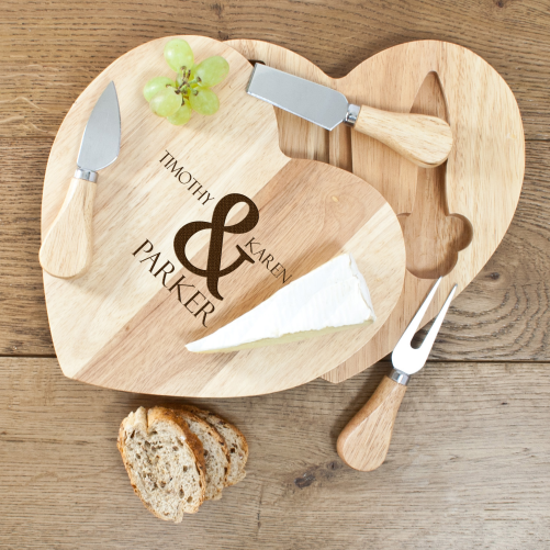 Personalised Couple's Heart Shaped Cheese Board & Cheese Knives Set