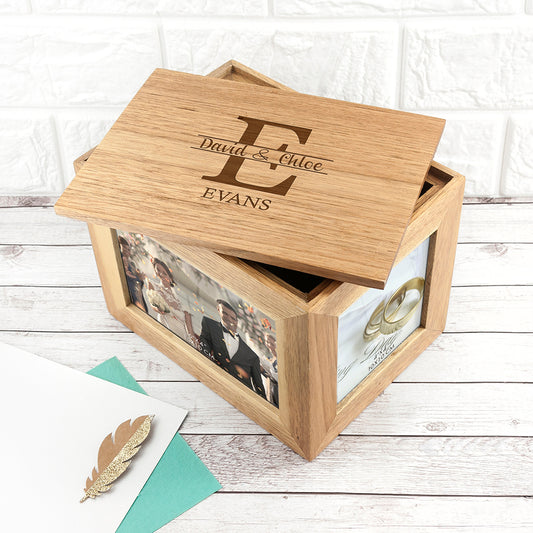 Personalised Couple Monogram Midi Oak Photo Cube Keepsake Box