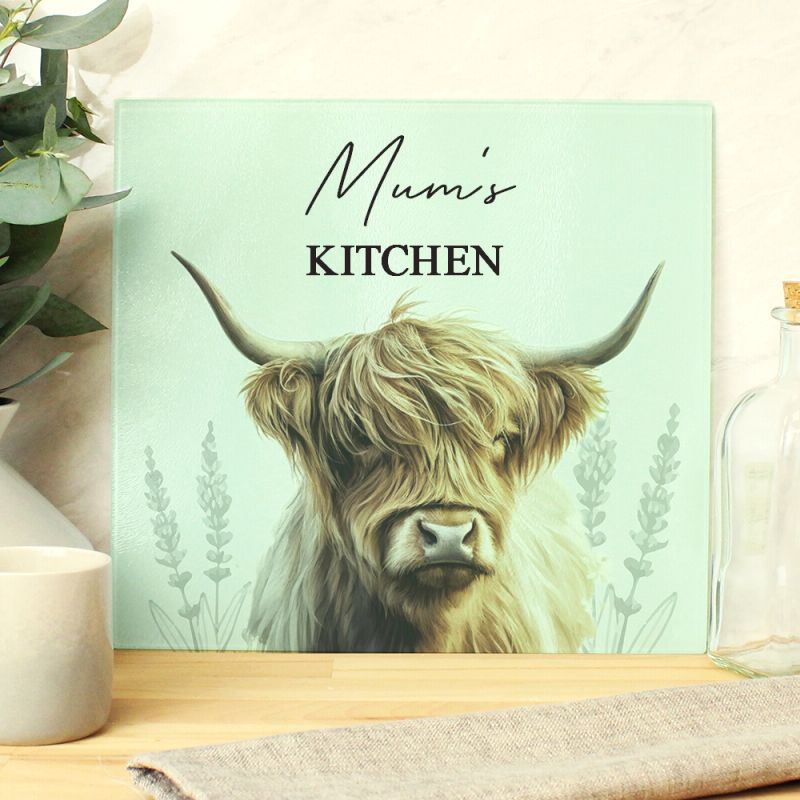 Personalised Highland Cow Glass Chopping Board