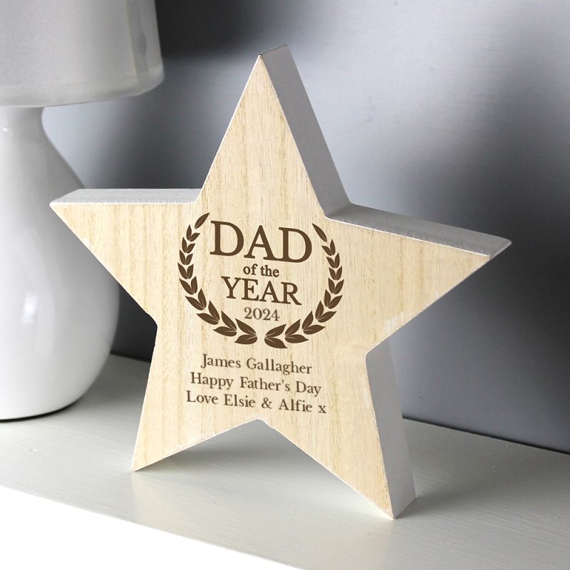 Personalised Dad of the Year Rustic Wooden Star Decoration