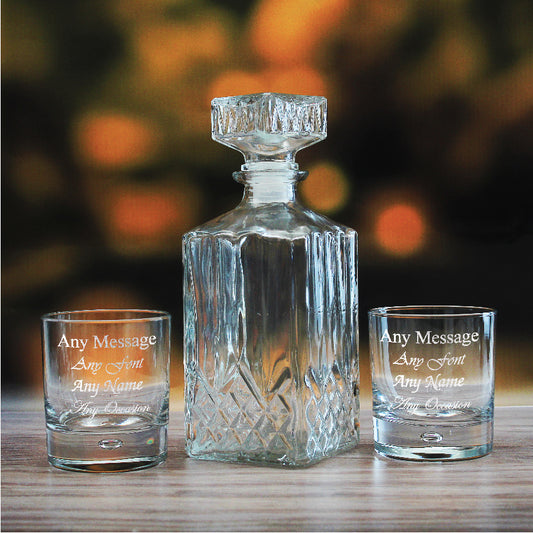 Prism Decanter & 2 Personalised Bubble Whisky Glasses Gift Set