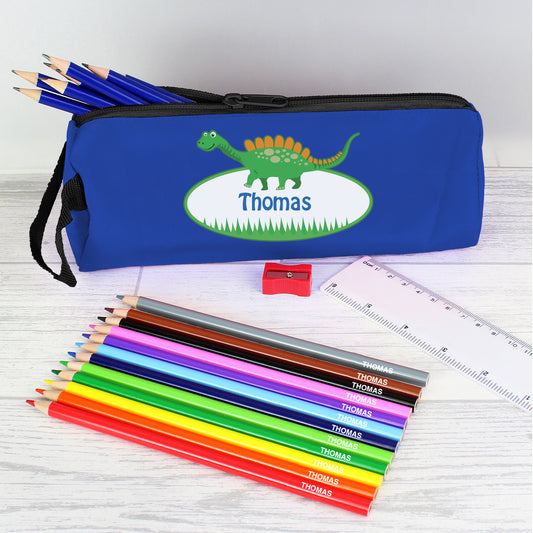 Personalised Dinosaur Pencil Case With Personalised Pencils