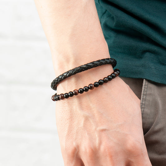 Personalised Men's Tigers Eye Bead & Leather Bracelet