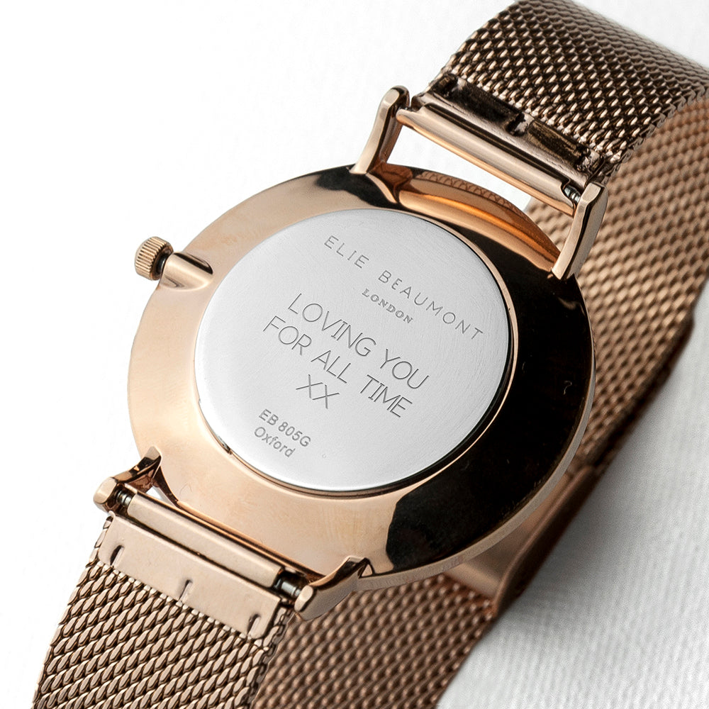 Personalised Rose Gold Mesh Strapped Watch With White Dial