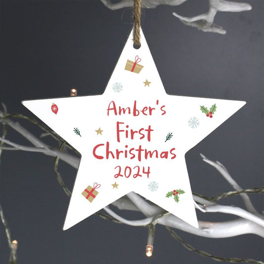 Personalised First Christmas Wooden Star Decoration