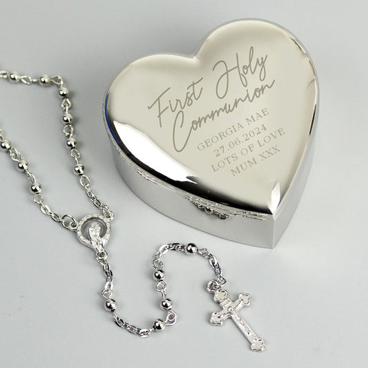 First Holy Communion Rosary Beads and Personalised Heart Trinket Box