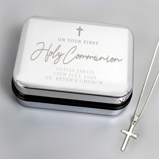 Personalised First Holy Communion Gift Box & Silver Cross Necklace