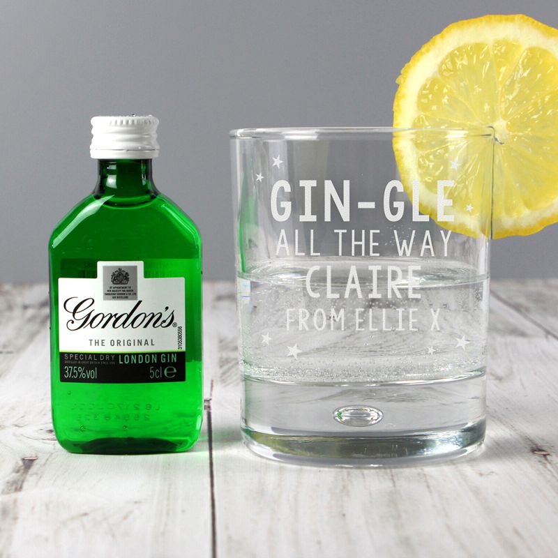 Personalised Gingle Bells Bubble Glass & Gin Miniature Set