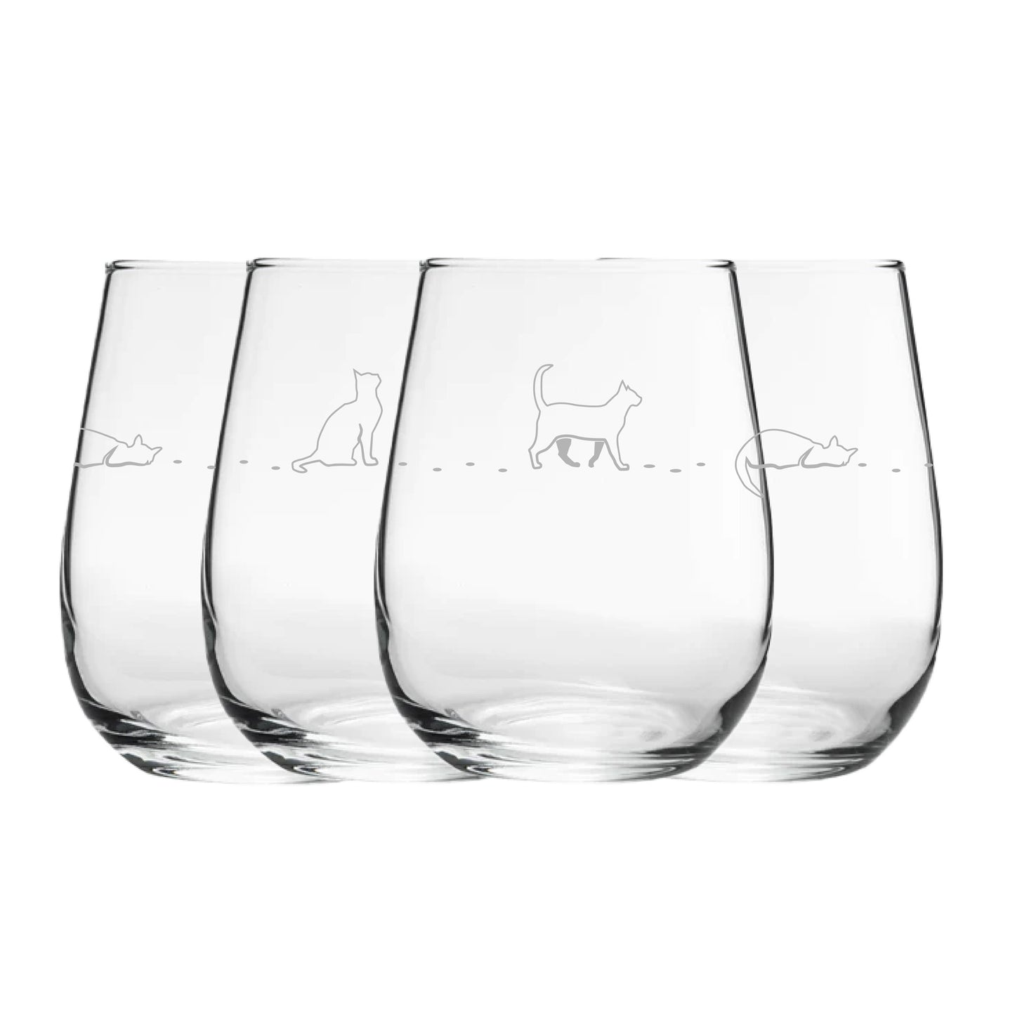 Set Of 4 Cat Design Gaia Stemless Wine Glasses