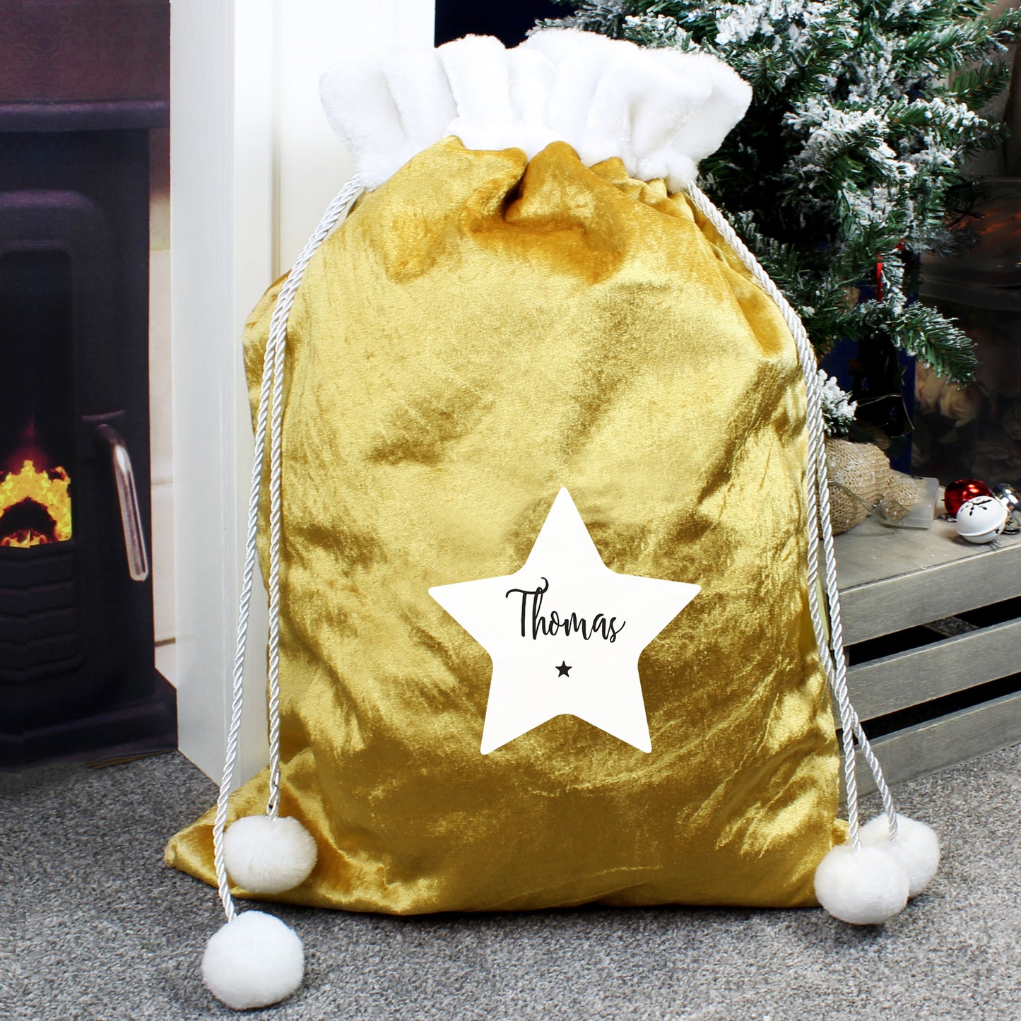 Personalised Star Design Luxury Pom Pom Gold Gift Sack