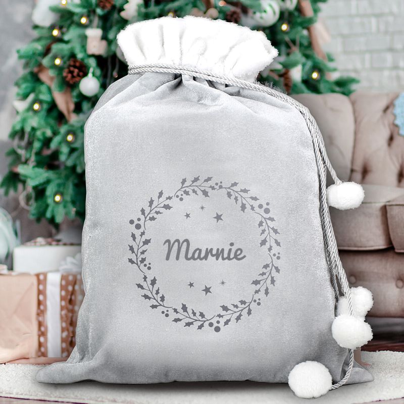 Personalised Design Luxury Silver Grey Pom Pom Gift Sack