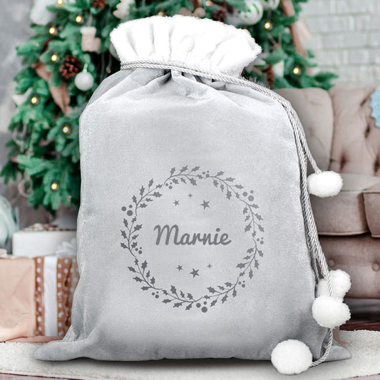 Personalised Design Luxury Silver Grey Pom Pom Gift Sack