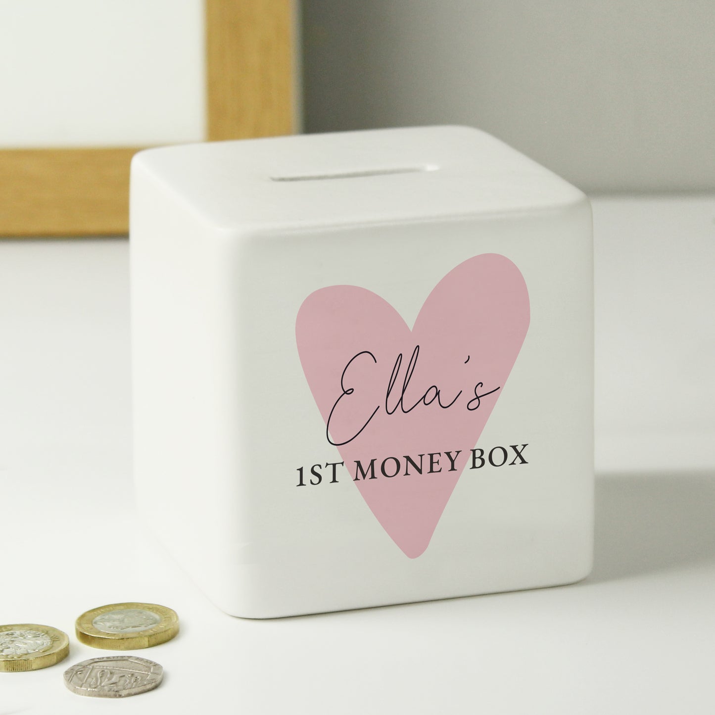 Personalised Pink Heart Ceramic Square Money Box