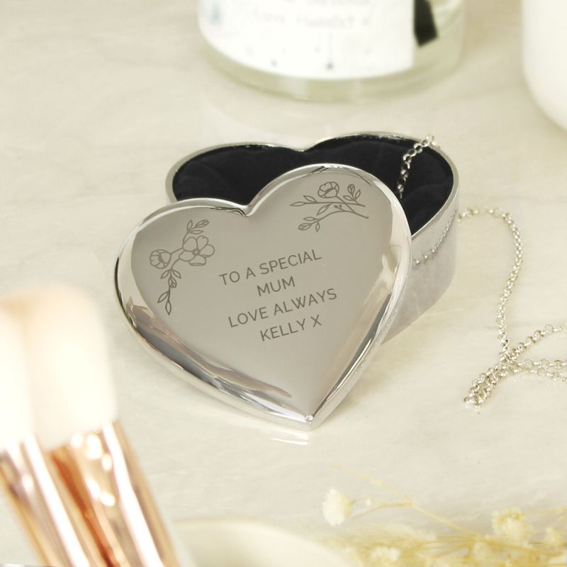 Personalised Floral Design Heart Shaped Trinket Box