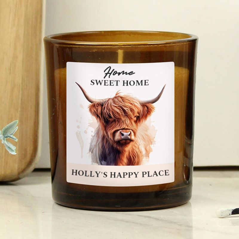 Personalised Highland Cow Amber Glass Candle