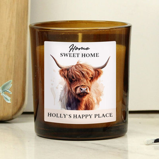 Personalised Highland Cow Amber Glass Candle