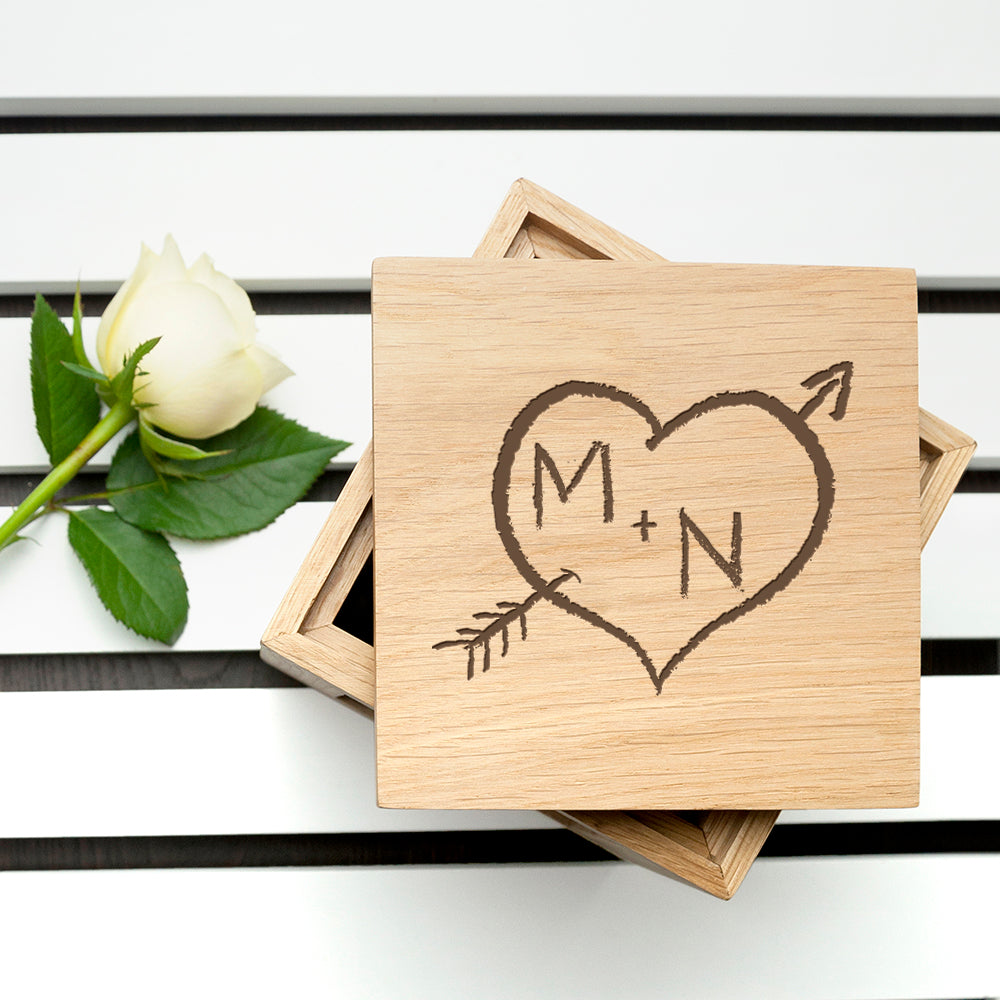 Personalised Initials In Heart Oak Photo Cube