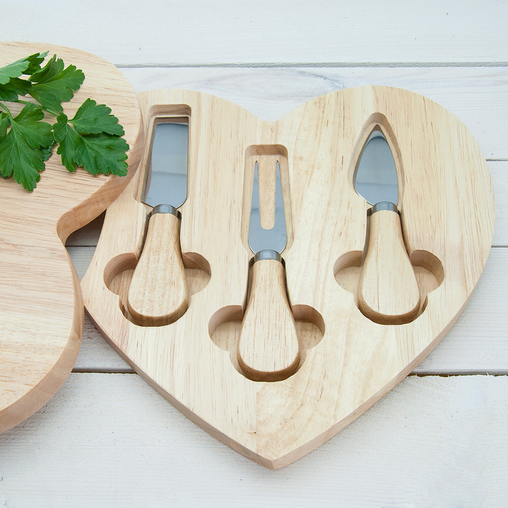 Personalised Heart Shaped Cheese Board & Cheese Knives Set