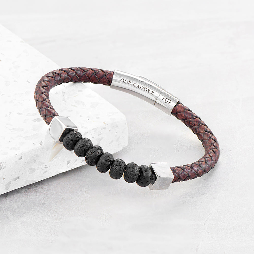 Personalised Men's Leather & Lava Bead Bracelet