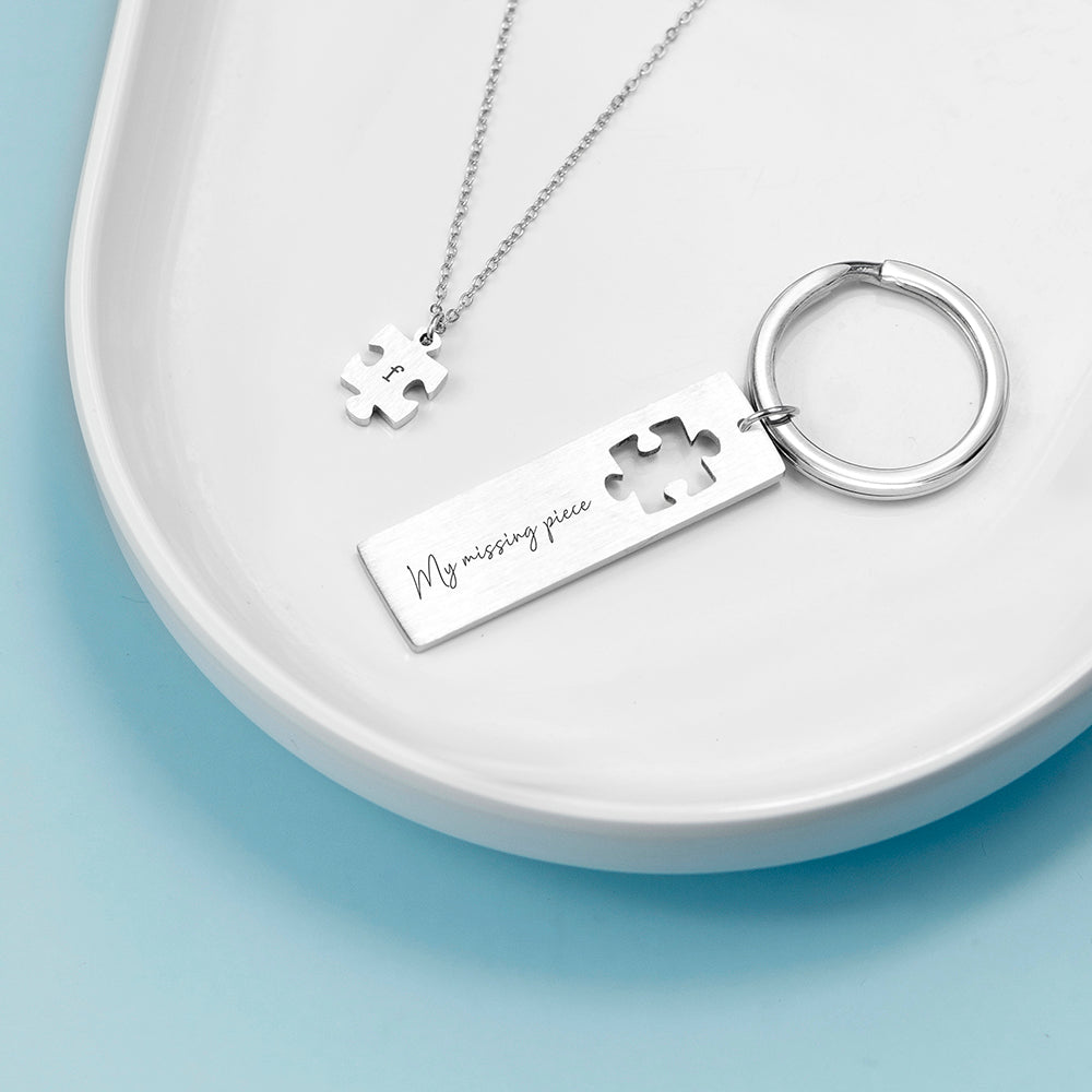 Personalised Missing Piece Puzzle Piece Necklace & Keyring Set