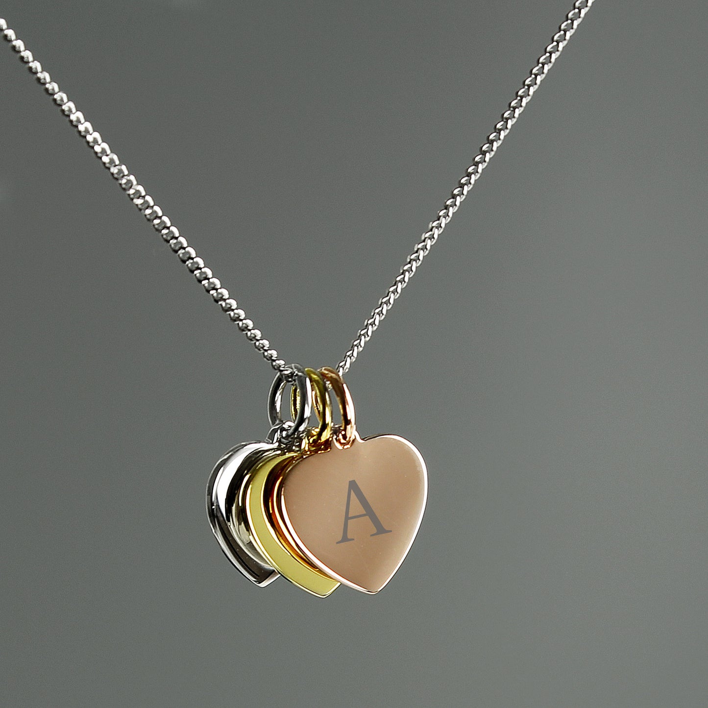 Personalised Initials Gold Rose, Gold and Silver Plated 3 Hearts Necklace