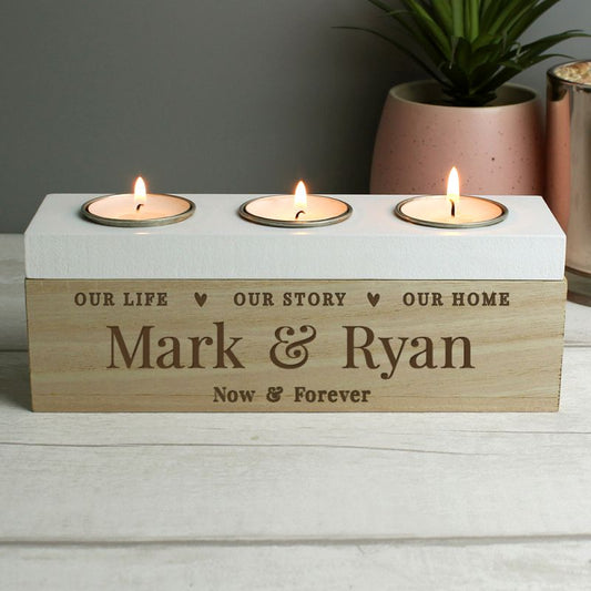 Personalised Our Story Wooden Triple Tealight Holder