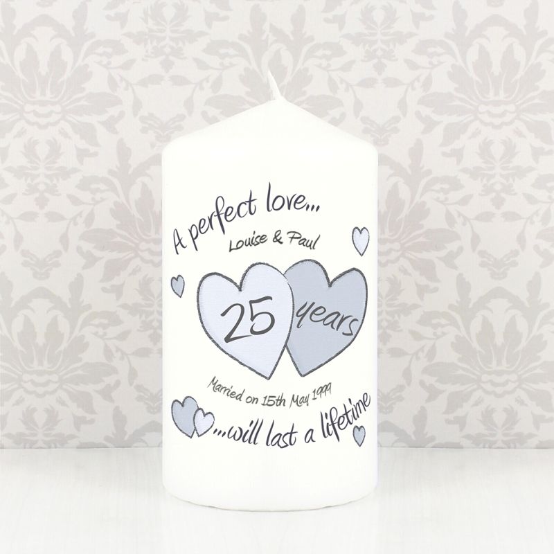 Personalised A Perfect Love Silver Anniversary Pillar Candle