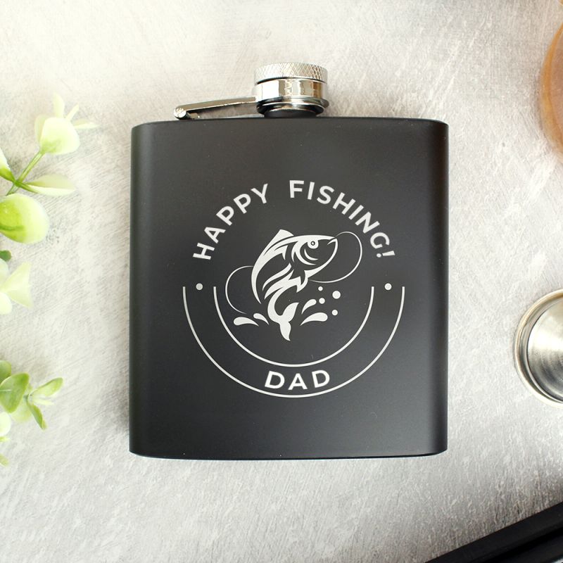 Personalised Happy Fishing Black Hip Flask