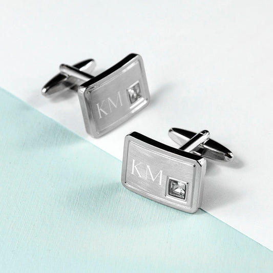 Personalised Brushed Silver Cufflinks With Crystal