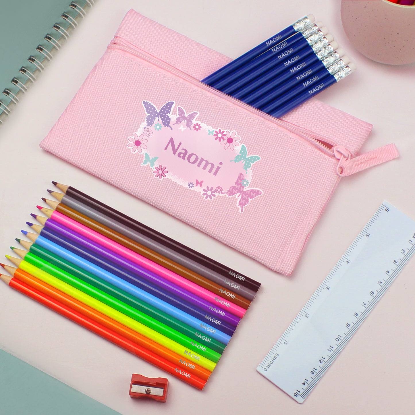 Personalised Butterfly Pencil Case With Pencils, Ruler & Sharpener