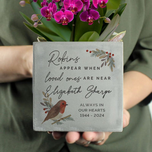 Personalised Robin Memorial Concrete Plant Pot